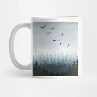 Cloudy or misty forest with pine trees and birds Mug